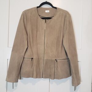 Ecru Suede Leather Zip Up Jacket Fully Lined Front Pockets Size XL Light Mocha